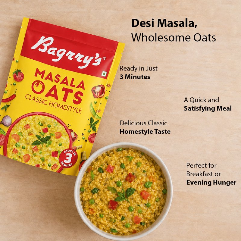 Bagrry’s Masala Oats Classic | Instant Savory Oats Meal | High Fiber Healthy Breakfast & Snack | Classic Masala Flavor for Quick Daily Nutrition