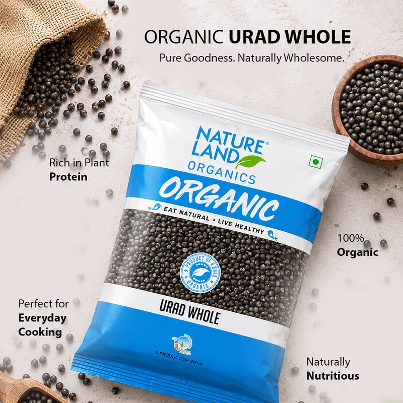 Natureland Organics Urad Whole 500g | 100% Organic Whole Black Gram | Protein & Fibre Rich Dal | Ideal for Dal Makhani, Curries & Everyday Cooking