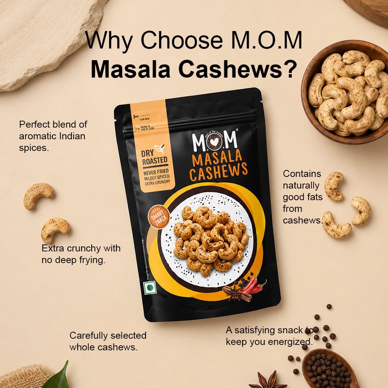 MOM Masala Cashews 42g | Spicy Roasted Kaju | Ready-to-Eat Crunchy Snack | Single-Serve Pack