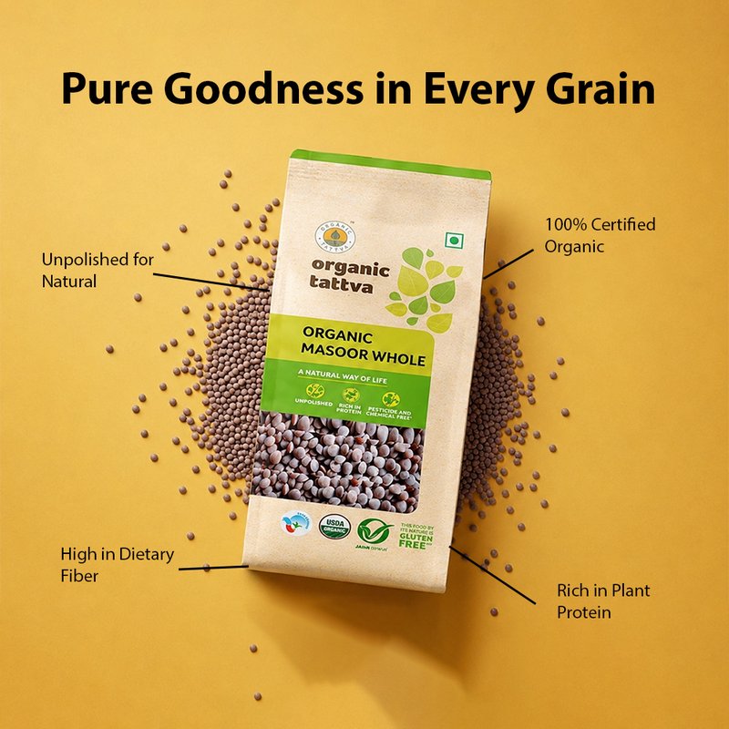 Organic Tattva Whole Masoor | Organic Brown Lentils | Premium Whole Masoor Dal | Protein Packed Lentils for Daily Use