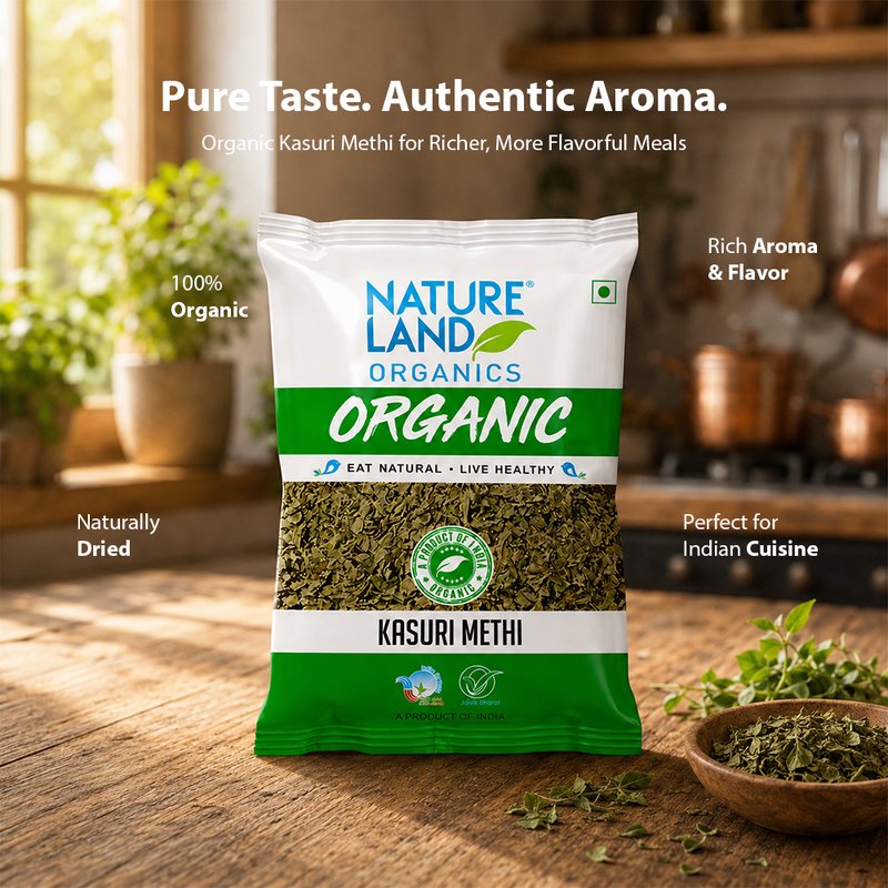Natureland Organics Kasuri Methi 50g | 100% Organic Dried Fenugreek Leaves | Aromatic Herb for Curries, Parathas, Gravies & Indian Cooking
