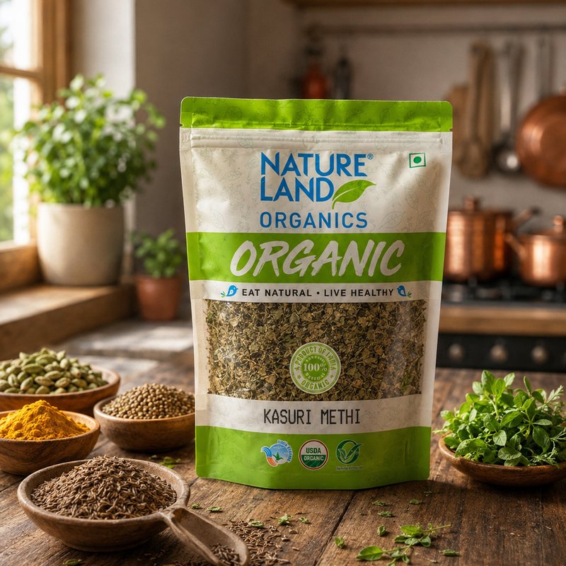 Natureland Organics Kasuri Methi 100g | 100% Organic Dried Fenugreek Leaves | Aromatic Herb for Curries, Parathas, Gravies & Indian Cooking