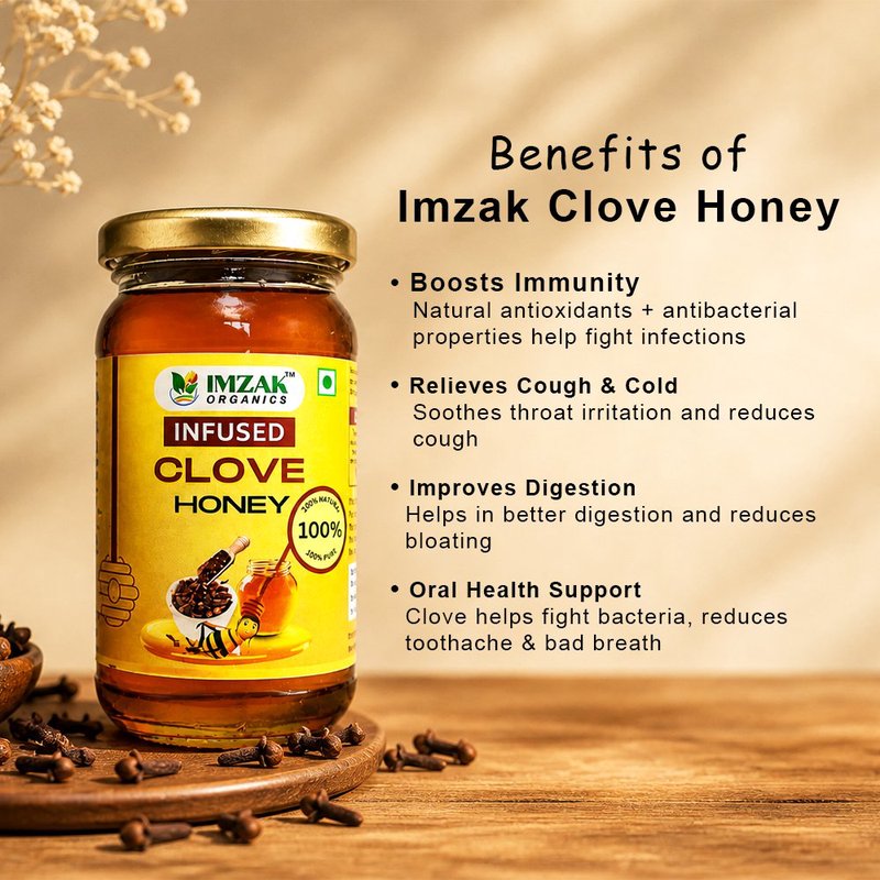 Imzak Infused Clove Honey | Pure Raw & Natural Honey with Clove Goodness | Herbal Honey Rich in Antioxidants & Natural Enzymes | Healthy Sweetener for Immunity, Digestion, Sore Throat & Daily Wellness | Unprocessed Honey thumbnail 3