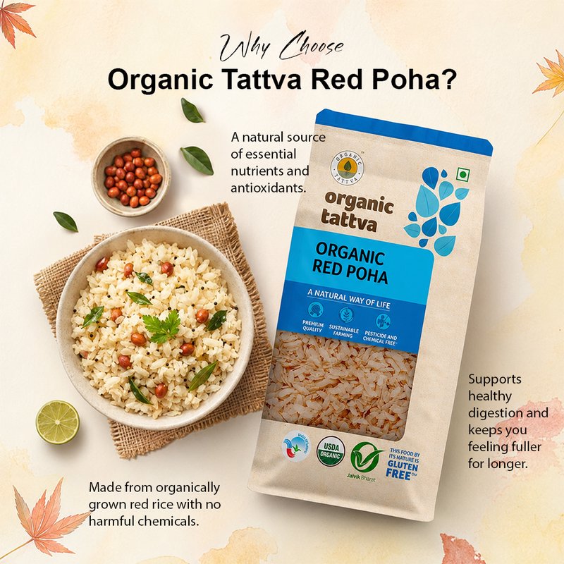 Organic Tattva Red Poha | Organic Red Rice Poha | Flattened Rice High in Fibre | Healthy Breakfast and Snack