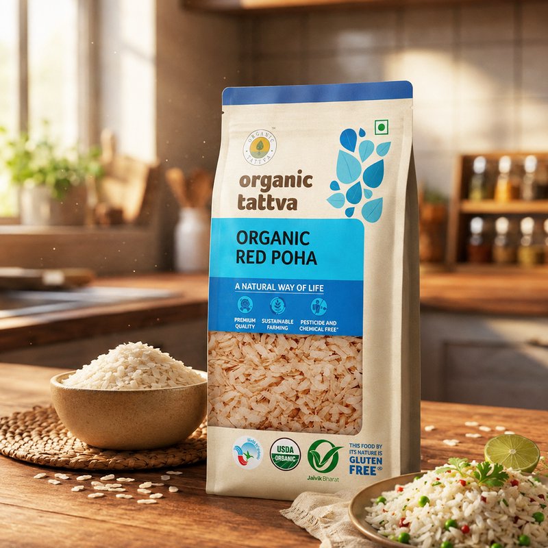 Organic Tattva Red Poha | Organic Red Rice Poha | Flattened Rice High in Fibre | Healthy Breakfast and Snack