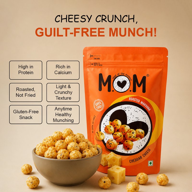 MOM Cheddar Cheese Makhana 70g | Roasted Fox Nuts | Cheddar Cheese Flavoured | Crunchy Ready-to-Eat Snack | High Protein