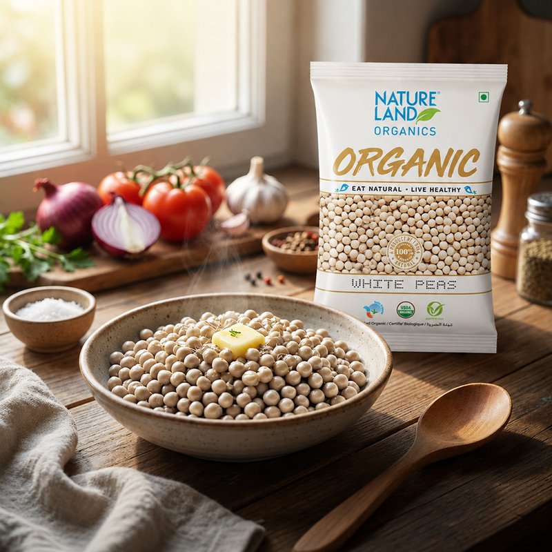 Natureland Organics White Peas 500g | Premium Organic Safed Matar | Protein & Fibre Rich Legumes | Ideal for Curries, Chaats, Soups & Everyday Cooking