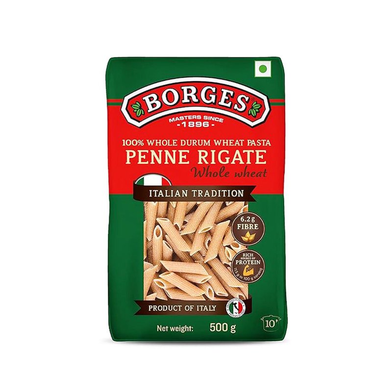 Borges Whole Wheat Penne Pasta | 100% Whole Wheat Durum Pasta | High Fibre Italian Penne | Excellent Choice For Making Pasta Salads, White Sauce & Red Sauce Dishes | 500g