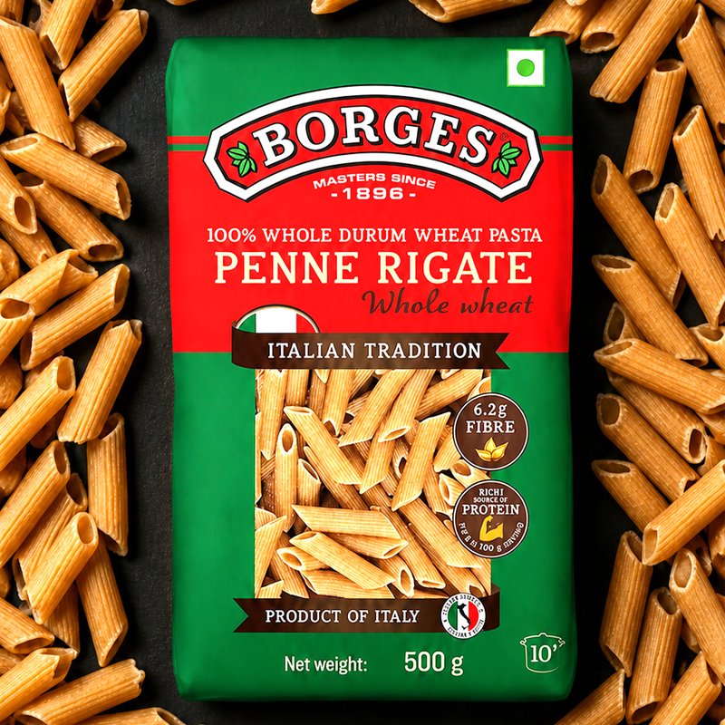 Borges Whole Wheat Penne Pasta | 100% Whole Wheat Durum Pasta | High Fibre Italian Penne | Excellent Choice For Making Pasta Salads, White Sauce & Red Sauce Dishes | 500g
