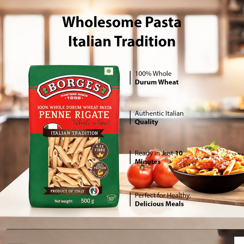 Borges Whole Wheat Penne Pasta | 100% Whole Wheat Durum Pasta | High Fibre Italian Penne | Excellent Choice For Making Pasta Salads, White Sauce & Red Sauce Dishes | 500g
