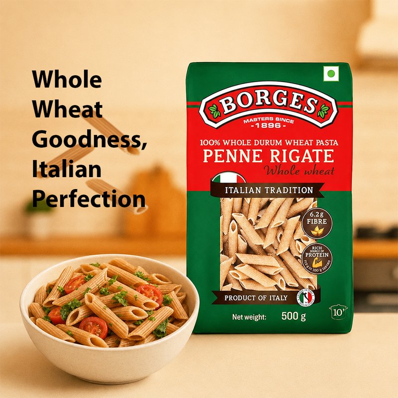 Borges Whole Wheat Penne Pasta | 100% Whole Wheat Durum Pasta | High Fibre Italian Penne | Excellent Choice For Making Pasta Salads, White Sauce & Red Sauce Dishes | 500g