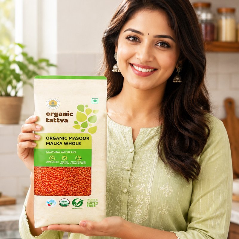 Organic Tattva Masoor Malka Whole | Organic Whole Red Lentils | Premium Masoor Dal | Plant-Based Protein Rich Lentils
