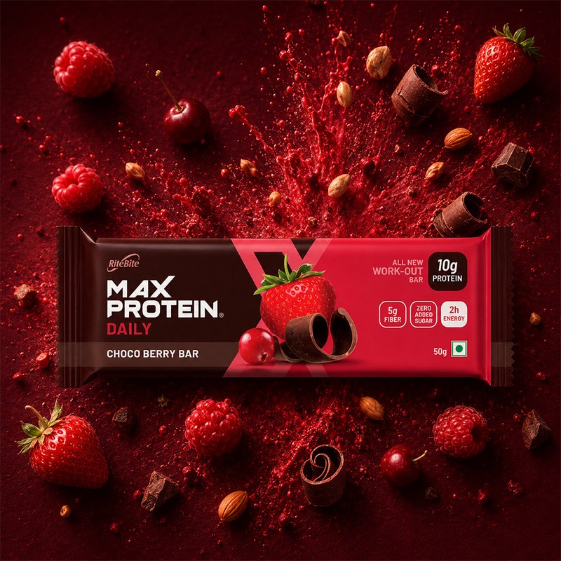 RiteBite Max Protein Daily Choco Berry Bar | 10g Protein, 5g Fibre & 21 Vitamins & Minerals | Delectable Chocolate & Berry Taste | No Added Sugar | 100% Vegetarian Protein Snack