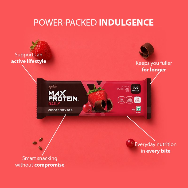 RiteBite Max Protein Daily Choco Berry Bar | 10g Protein, 5g Fibre & 21 Vitamins & Minerals | Delectable Chocolate & Berry Taste | No Added Sugar | 100% Vegetarian Protein Snack