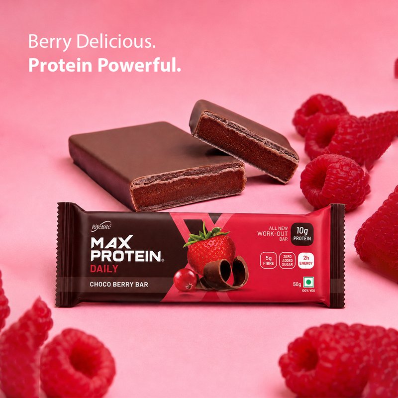 RiteBite Max Protein Daily Choco Berry Bar | 10g Protein, 5g Fibre & 21 Vitamins & Minerals | Delectable Chocolate & Berry Taste | No Added Sugar | 100% Vegetarian Protein Snack