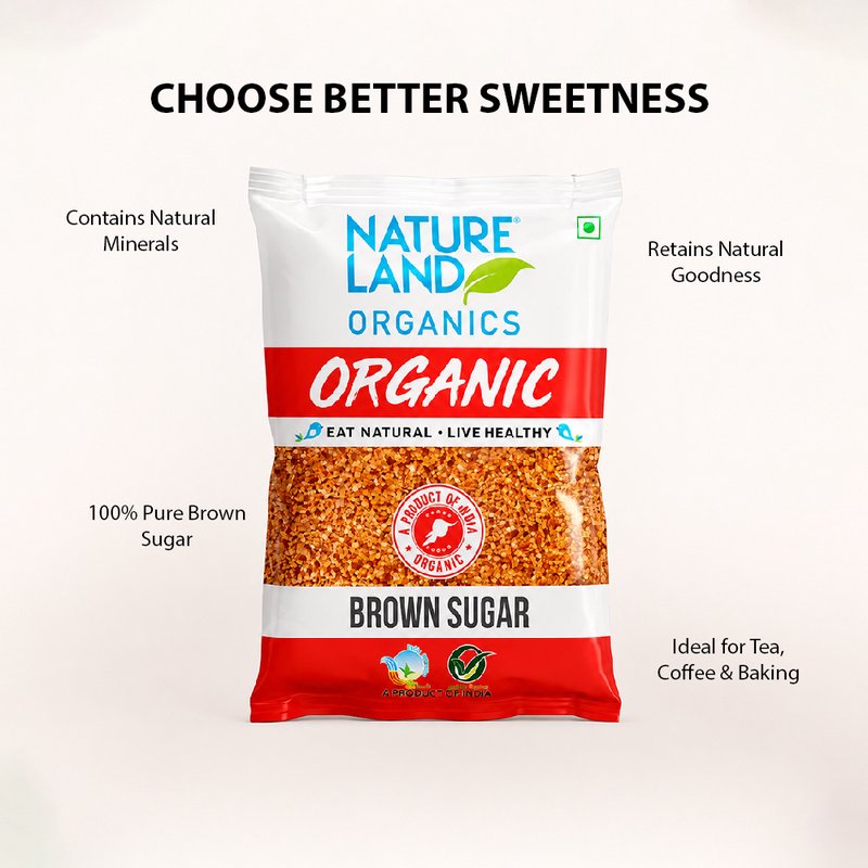 Natureland Organics Brown Sugar 500g | 100% Organic Brown Sugar | Fine Natural Sweetener for Tea, Coffee, Baking, Desserts & Everyday Cooking