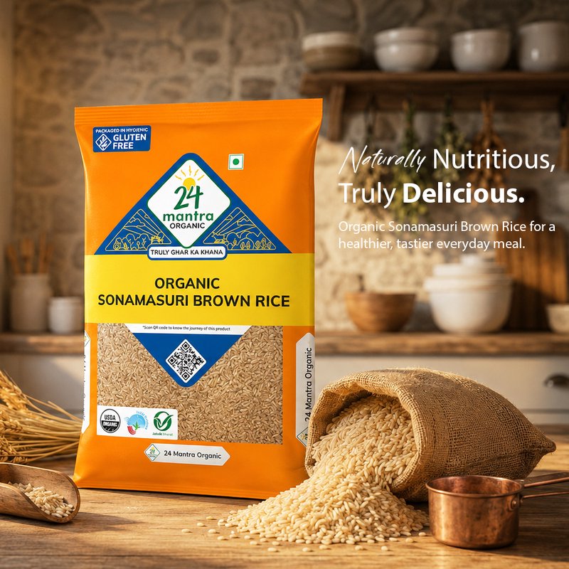 24 Mantra Organic Sona Masuri Brown Rice | 100% Certified Organic | Unpolished Whole Grain Rice | Rich in Fiber | Chemical-Free