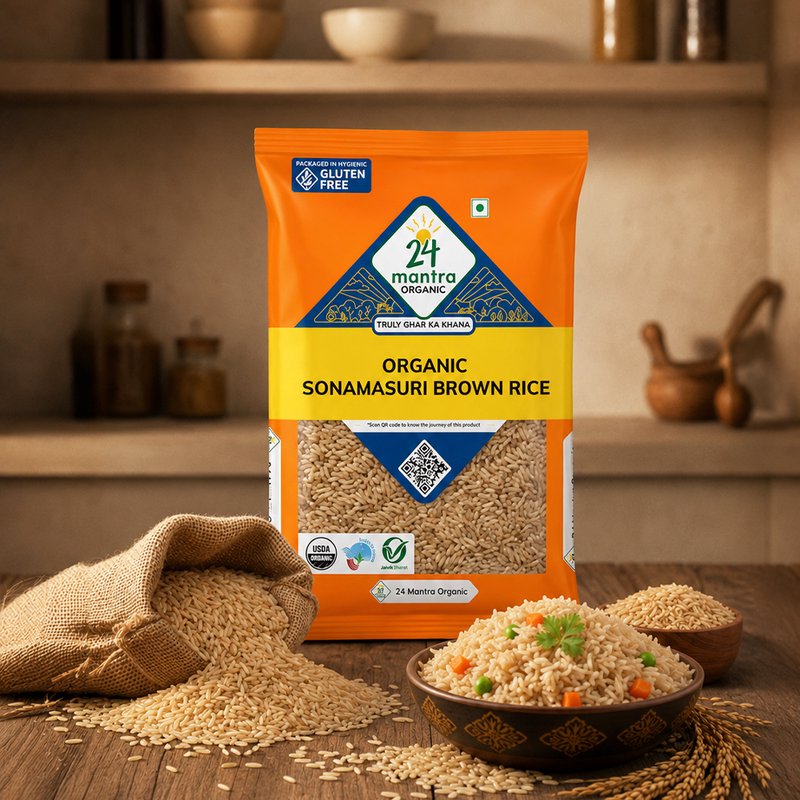24 Mantra Organic Sona Masuri Brown Rice | 100% Certified Organic | Unpolished Whole Grain Rice | Rich in Fiber | Chemical-Free