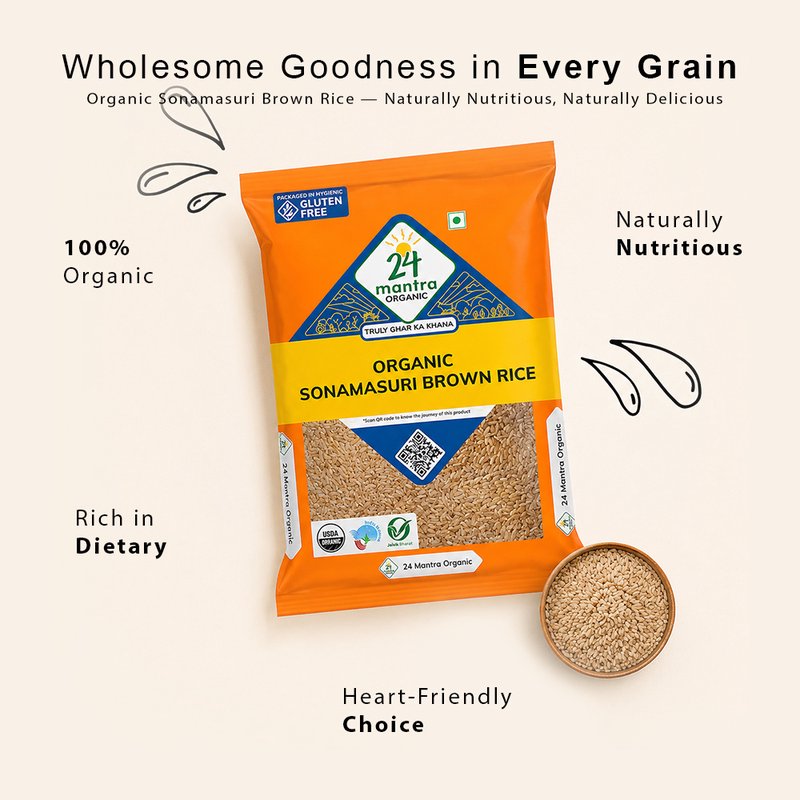 24 Mantra Organic Sona Masuri Brown Rice | 100% Certified Organic | Unpolished Whole Grain Rice | Rich in Fiber | Chemical-Free