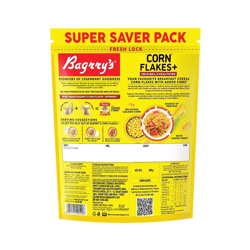 Bagrry's Corn Flakes Plus 800g | High-Fibre Breakfast Cereal with Corn & Whole Grains | Crispy Healthy Breakfast for Energy, Digestion & Daily Nutrition thumbnail 2