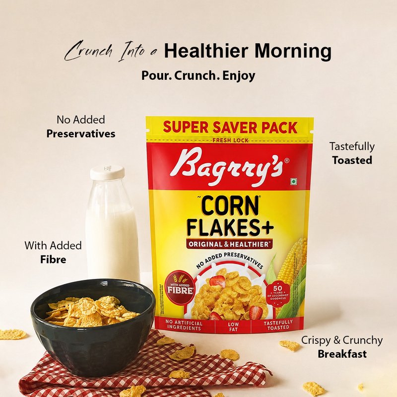 Bagrry's Corn Flakes Plus 800g | High-Fibre Breakfast Cereal with Corn & Whole Grains | Crispy Healthy Breakfast for Energy, Digestion & Daily Nutrition