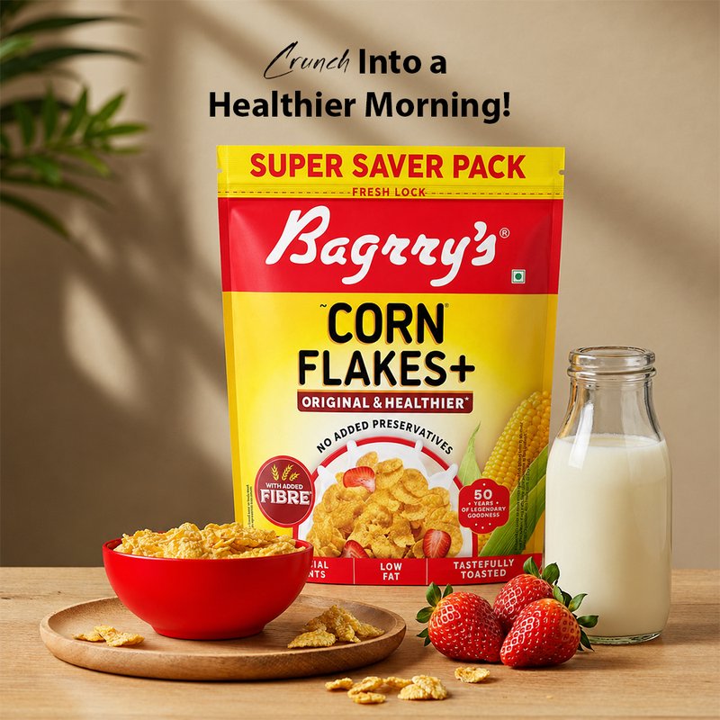Bagrry's Corn Flakes Plus 800g | High-Fibre Breakfast Cereal with Corn & Whole Grains | Crispy Healthy Breakfast for Energy, Digestion & Daily Nutrition