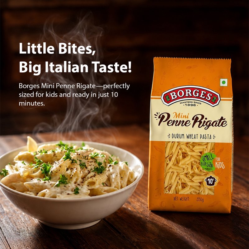 Borges Mini Penne Pasta | Premium Durum Wheat Semolina Italian Pasta | Mini Tube Pasta | Perfect for Kids, Soups, Salads & Creamy Pasta Recipes | 350g