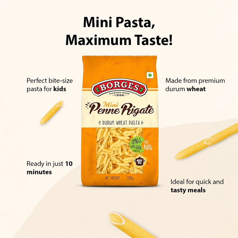 Borges Mini Penne Pasta | Premium Durum Wheat Semolina Italian Pasta | Mini Tube Pasta | Perfect for Kids, Soups, Salads & Creamy Pasta Recipes | 350g