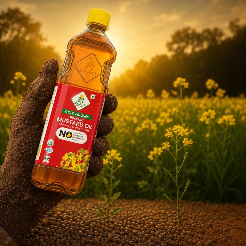 24 Mantra Organic Cold Pressed Mustard Oil (Pack of 1) | Organic Kachi Ghani Mustard Oil | Cold Pressed Edible Cooking Oil | Rich Aroma & Natural Flavour | Ideal for Cooking, Frying & Pickling