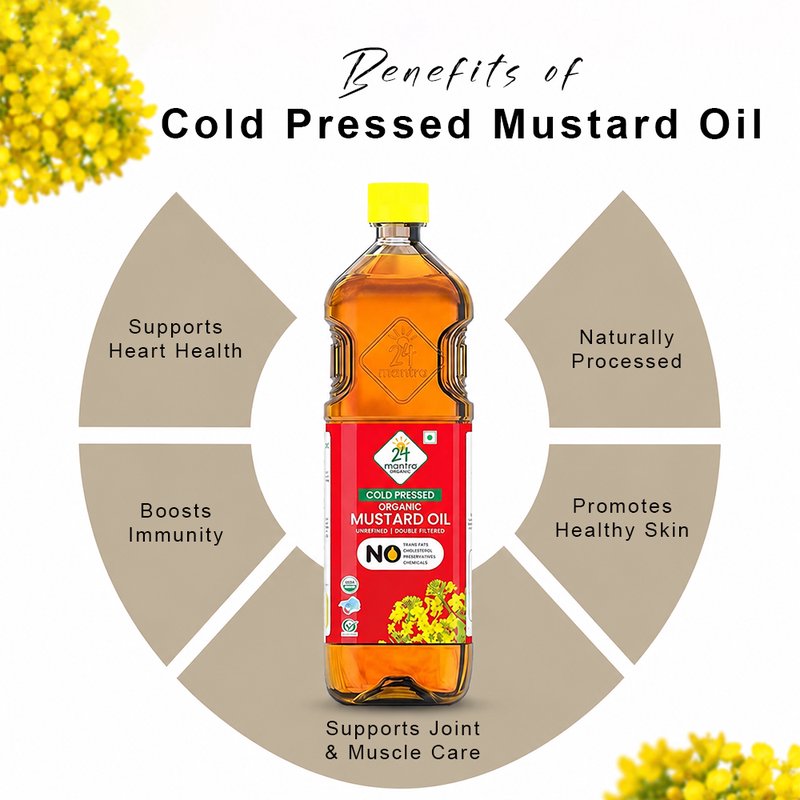 24 Mantra Organic Cold Pressed Mustard Oil (Pack of 1) | Organic Kachi Ghani Mustard Oil | Cold Pressed Edible Cooking Oil | Rich Aroma & Natural Flavour | Ideal for Cooking, Frying & Pickling