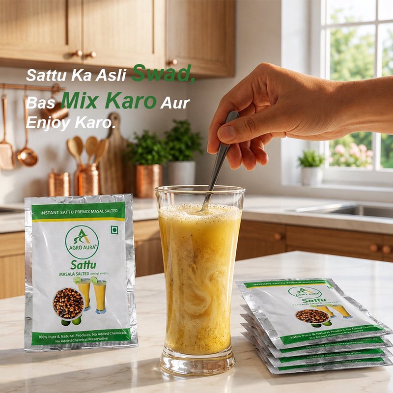 Agro Aura Sattu Masala Salted Premix Sachets | Instant Energy Drink Mix | High Protein & Fibre | Traditional Bihar Style Beverage | Pack of 20