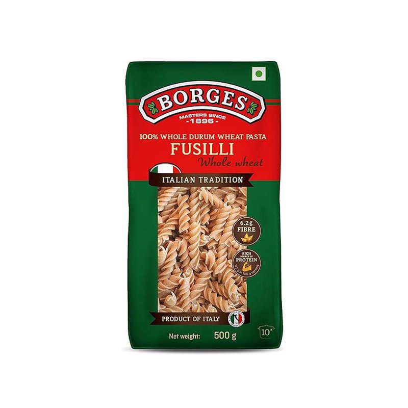 Borges Whole Wheat Fusilli Pasta | 100% Whole Wheat Durum Semolina | High Fibre Spiral Pasta | Perfect for Pasta Salads, White Sauce & Red Sauce Recipes | 500g