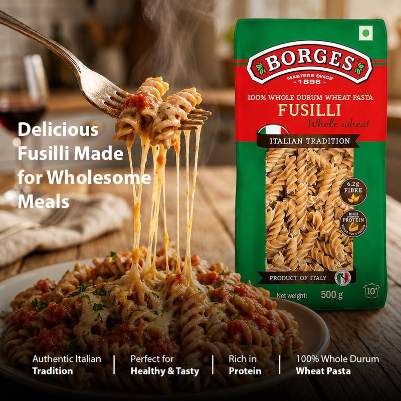 Borges Whole Wheat Fusilli Pasta | 100% Whole Wheat Durum Semolina | High Fibre Spiral Pasta | Perfect for Pasta Salads, White Sauce & Red Sauce Recipes | 500g