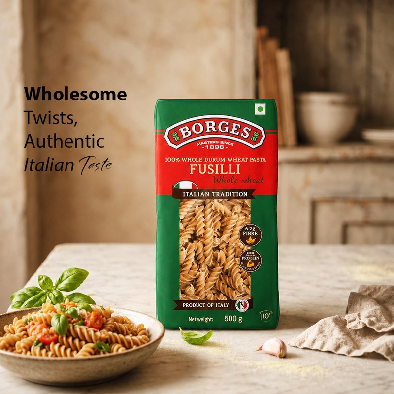 Borges Whole Wheat Fusilli Pasta | 100% Whole Wheat Durum Semolina | High Fibre Spiral Pasta | Perfect for Pasta Salads, White Sauce & Red Sauce Recipes | 500g