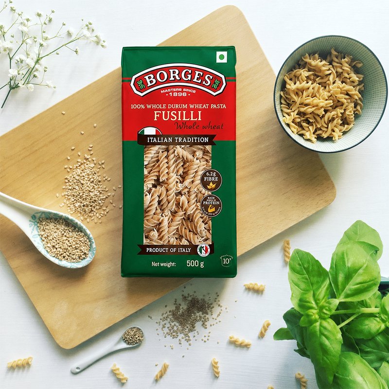 Borges Whole Wheat Fusilli Pasta | 100% Whole Wheat Durum Semolina | High Fibre Spiral Pasta | Perfect for Pasta Salads, White Sauce & Red Sauce Recipes | 500g