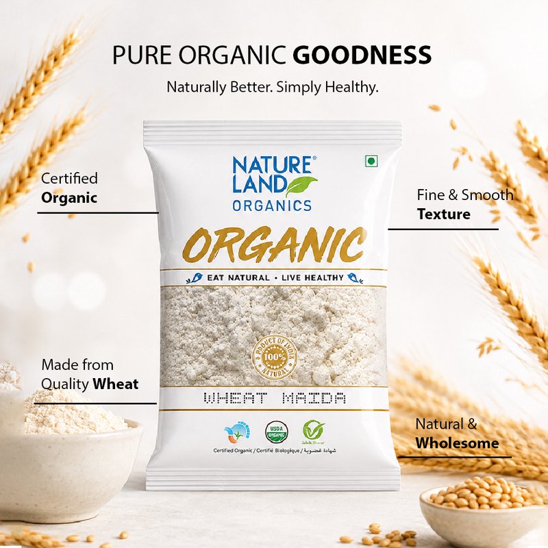 Natureland Organics Wheat Maida 500g | 100% Organic Refined Wheat Flour | Fine Texture Flour for Baking, Breads, Cakes, Cookies & Everyday Cooking