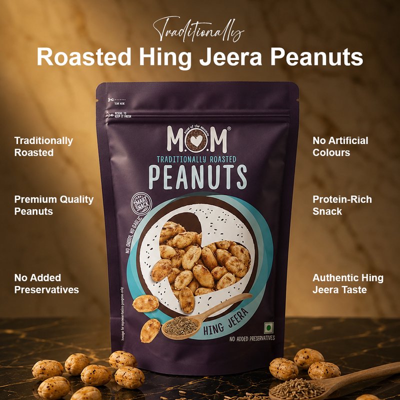 MOM Roasted Hing Jeera Peanuts 140g | Roasted Peanuts with Asafoetida & Cumin | Ready to Eat Snack | Family Pack