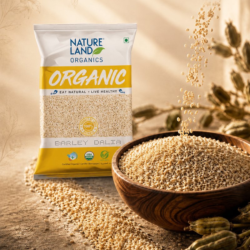 Natureland Organics Barley Dalia 500g | 100% Organic Cracked Barley | Fibre-Rich Whole Grain for Porridge, Khichdi, Soups & Healthy Meals