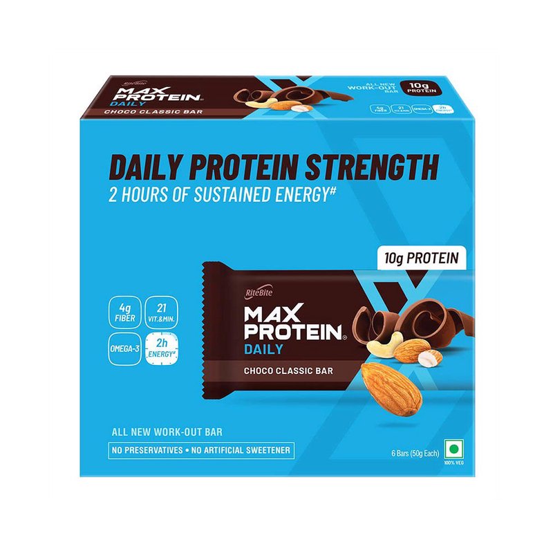RiteBite Max Protein Daily Choco Classic Bar | 10g Protein, 5g Fiber & 21 Vitamins & Minerals | Chocolate Protein Snack | No Preservatives Or Artificial Sweeteners Added | Vegetarian | Go Anywhere Snack