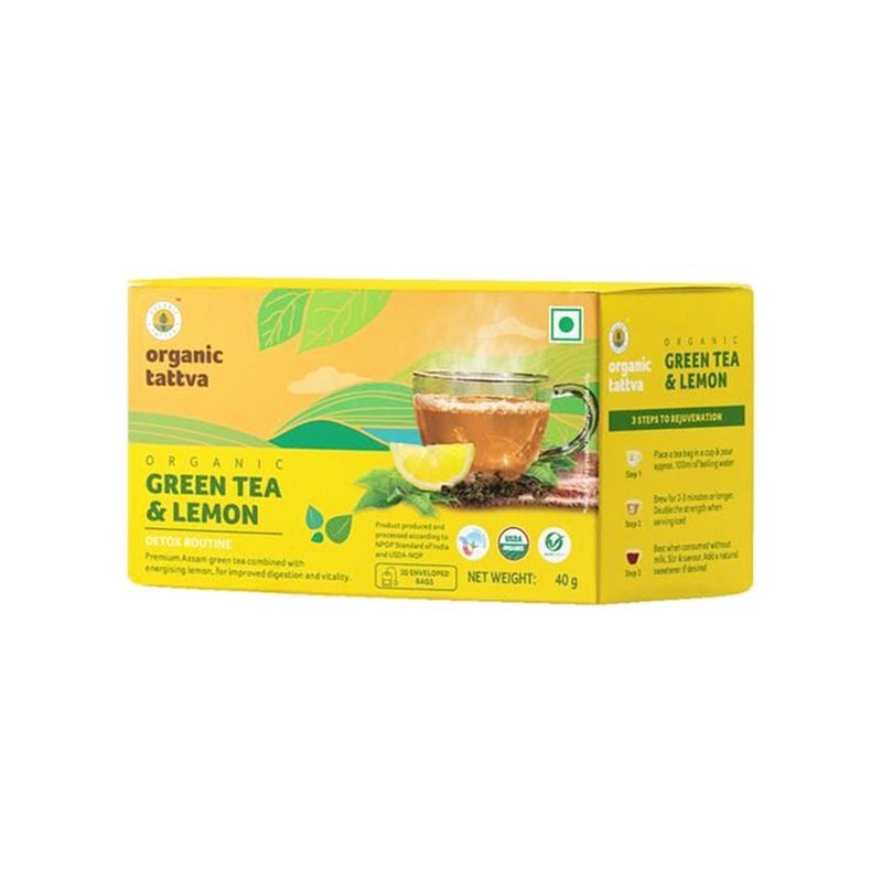 Organic Tattva Green Tea & Lemon | 20 Tea Bags | Lemon Green Tea | Antioxidants Herbal Tea | Refreshing Wellness Tea