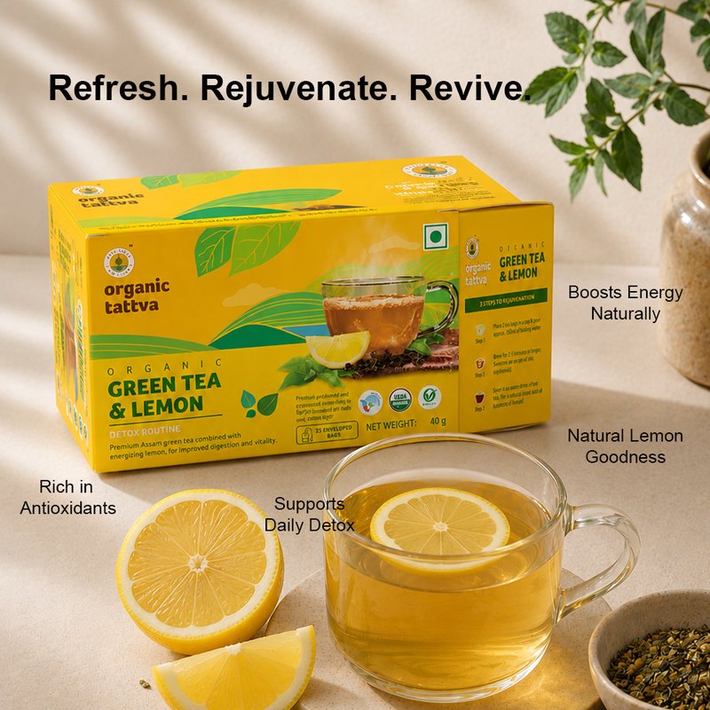 Organic Tattva Green Tea & Lemon | 20 Tea Bags | Lemon Green Tea | Antioxidants Herbal Tea | Refreshing Wellness Tea