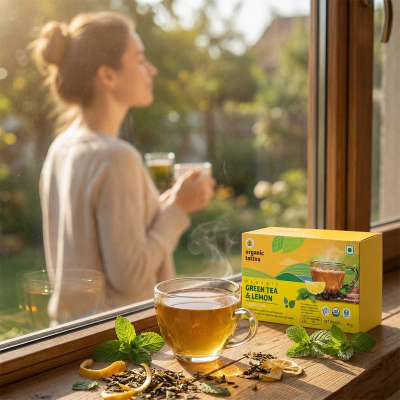 Organic Tattva Green Tea & Lemon | 20 Tea Bags | Lemon Green Tea | Antioxidants Herbal Tea | Refreshing Wellness Tea