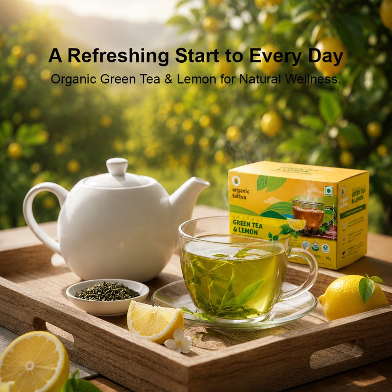 Organic Tattva Green Tea & Lemon | 20 Tea Bags | Lemon Green Tea | Antioxidants Herbal Tea | Refreshing Wellness Tea