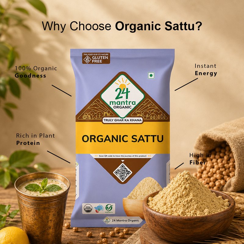 24 Mantra Organic Sattu | 100% Certified Organic Roasted Gram Flour | High in Protein & Fiber | Natural Energy Drink & Cooking Mix | Chemical-Free