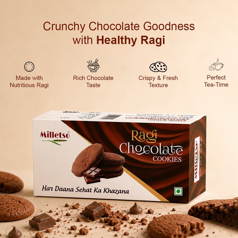 Milletso Ragi Chocolate Cookies | Crunchy Millet Chocolate Cookies | Healthy Fiber Rich Snack | No Maida Cookies | Calcium & Iron Rich Ragi Biscuits | Delicious Tea Time Cookies for Kids & Adults
