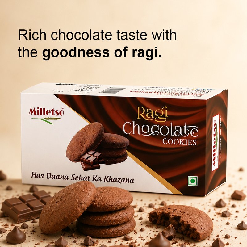 Milletso Ragi Chocolate Cookies | Crunchy Millet Chocolate Cookies | Healthy Fiber Rich Snack | No Maida Cookies | Calcium & Iron Rich Ragi Biscuits | Delicious Tea Time Cookies for Kids & Adults