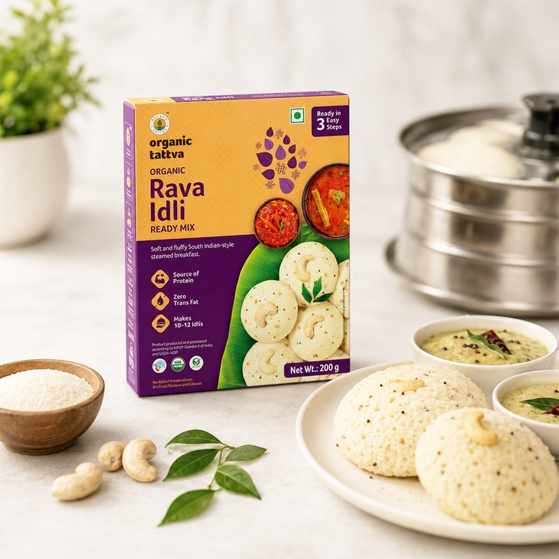 Organic Tattva Rava Idli Ready Mix | Instant Suji Idli Mix | Soft & Fluffy South Indian Breakfast | Quick & Easy Idli Premix