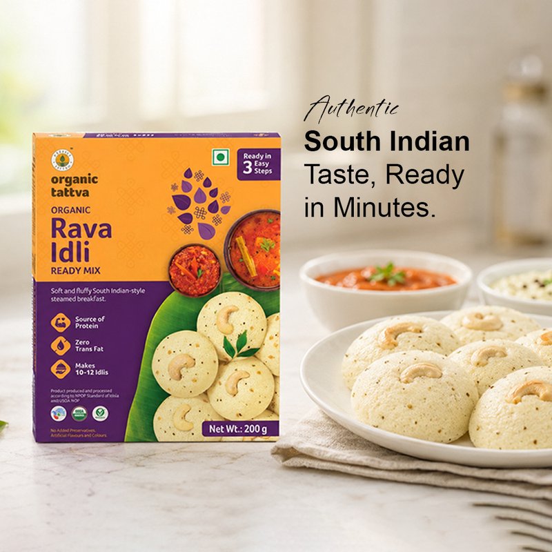 Organic Tattva Rava Idli Ready Mix | Instant Suji Idli Mix | Soft & Fluffy South Indian Breakfast | Quick & Easy Idli Premix
