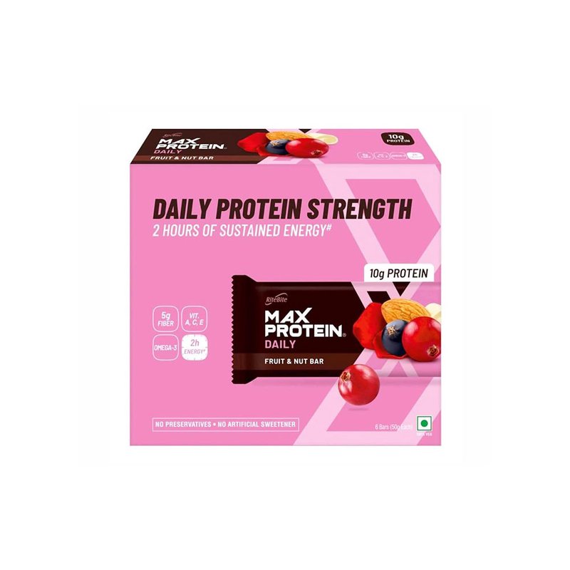 RiteBite Max Protein Daily Fruit & Nut Bar | 10g Protein & 5g Fibre | Almonds, Cranberries, Black Currants, Raisins, and Watermelon Seeds | Fortified with Vitamins A, C, and E and Omega-3 | No Preservatives Added