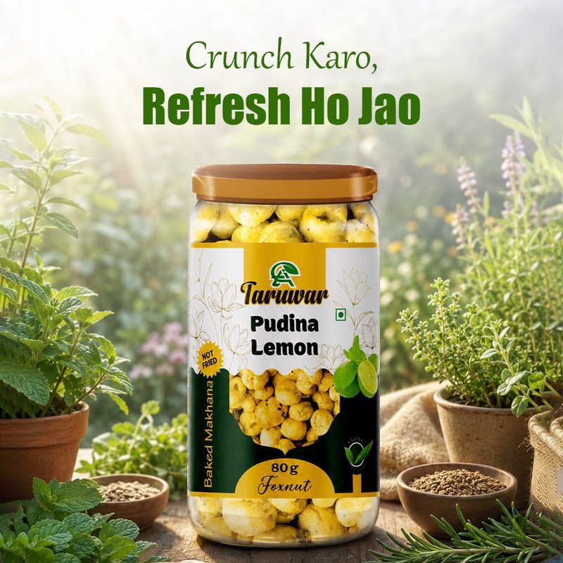 Taruwar Pudina Lemon Flavoured Makhana 80g Jar | Mint & Lemon Roasted Fox Nuts Snack | Crunchy Healthy Makhana | High Protein, Low Calorie Superfood | Refreshing & Guilt-Free Anytime Snack thumbnail 2